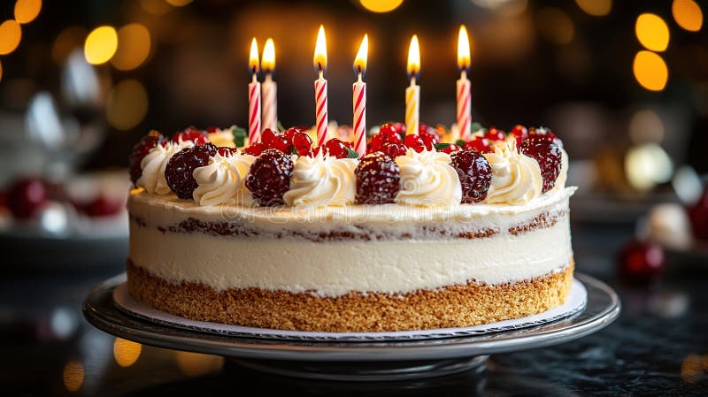 Pastel de cumpleaños festivo con velas bayas y crema. Capas de tarta con bayas negras y velas encendidas fotografía de archivo