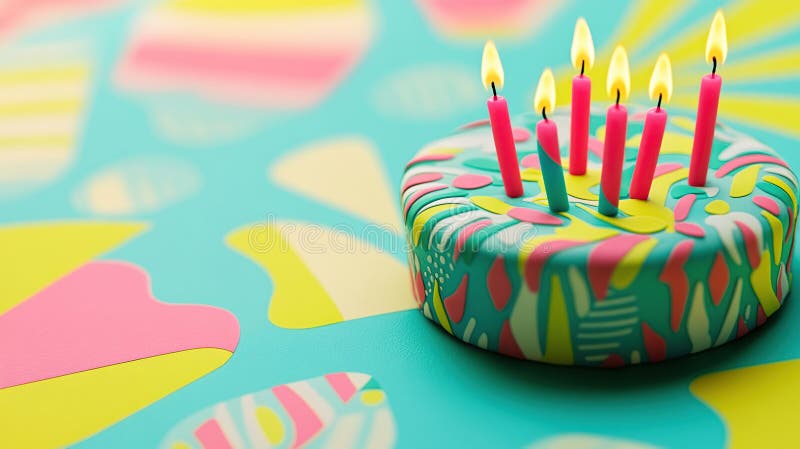 Pastel de cumpleaños festivo con velas encendidas en el fondo de la mesa foto de archivo