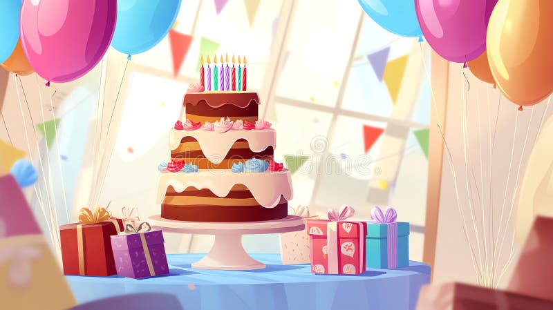 Pastel de ilustraciones de cumpleaños y globos festivos imagen de archivo libre de regalías