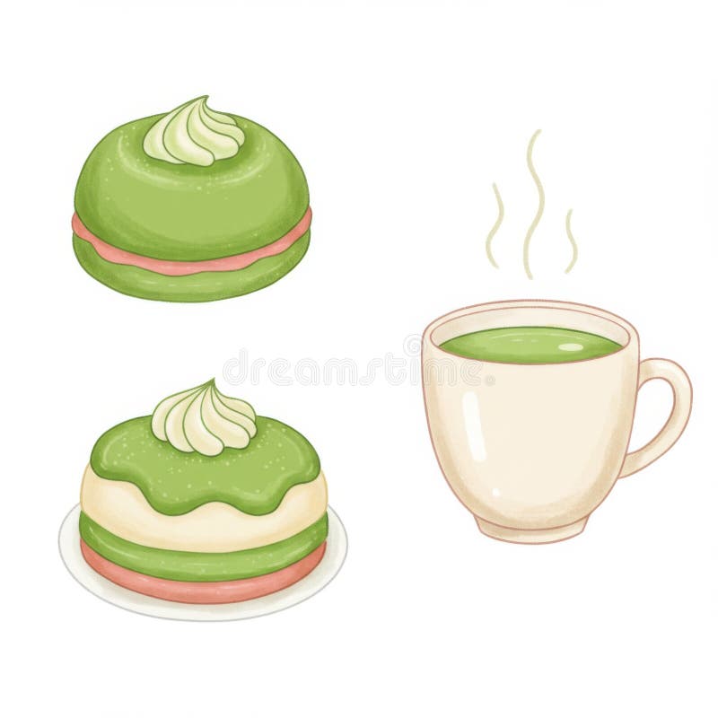 Pastel de Matcha Verde Pastel y té ilustración del vector
