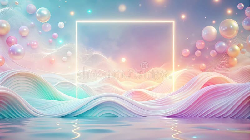 Pastel Dreamscape with Illuminated Frame and Floating Spheres. Generative AI stock illustration