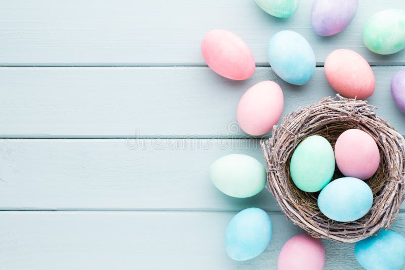 Pastel Easter Eggs Background. Spring Greating Card. Stock Photo