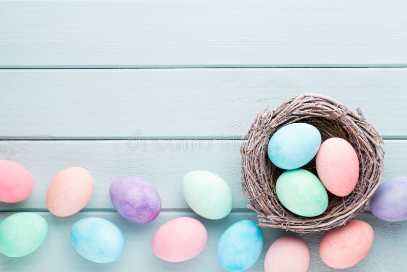 Pastel Easter Eggs Background. Spring Greating Card. Stock Photo