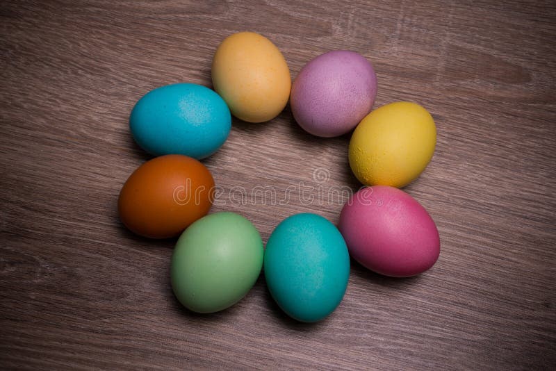 Pastel Easter Eggs Circle Isolated Wooden Background Stock Photos