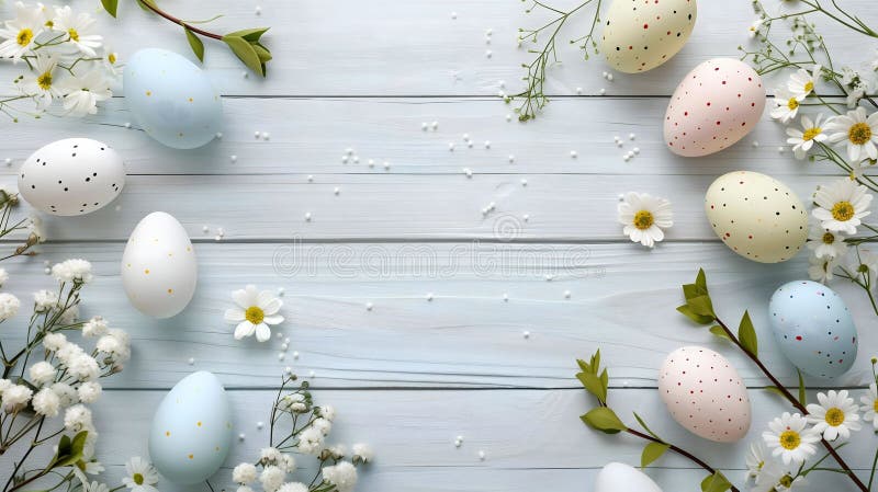 Pastel Easter Eggs och Fintvävar på Rustit Light Blue Wooden Background royaltyfri illustrationer