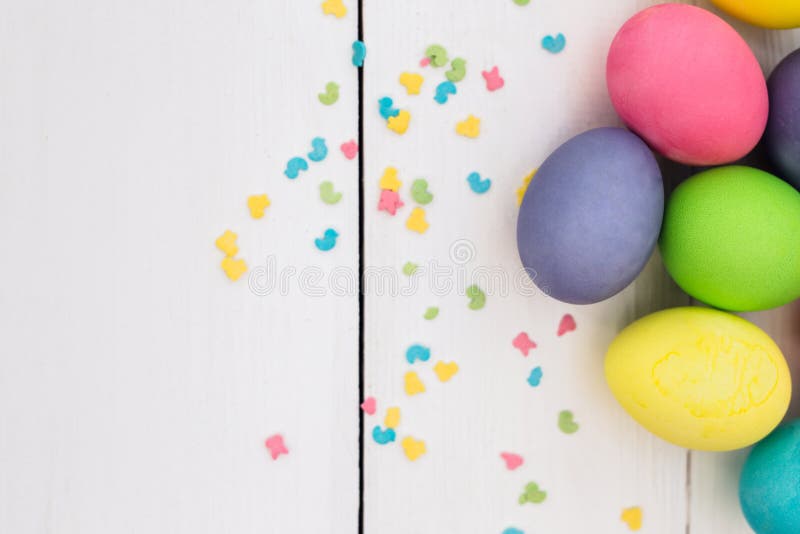 Pastel Easter Eggs on Rustic Whote Wooden Table Stock Photo Image of present, decoration