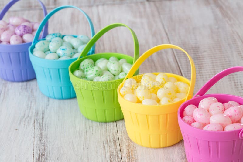 Pastel Easter Jelly Beans In Colorful Baskets Stock Image Image of