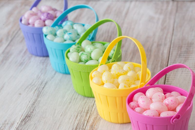 Pastel Easter Jelly Beans in Colorful Baskets Stock Photo Image of