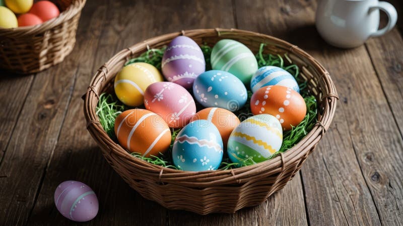 Pastel eggs with delicate patterns in a basket on a wooden table stock photos