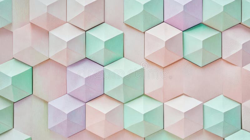 Pastel geometric cube pattern with soft pinks, greens, and blues showcasing unique abstract design and three-dimensional stock photos