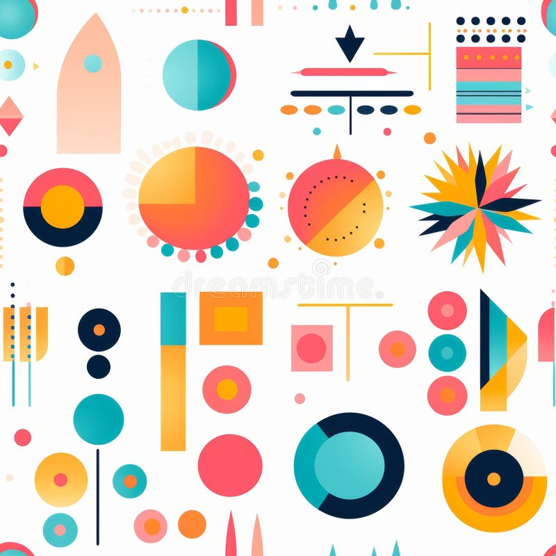Pastel geometric shapes like circles, squares, and triangles on a white coordinate system vector illustration