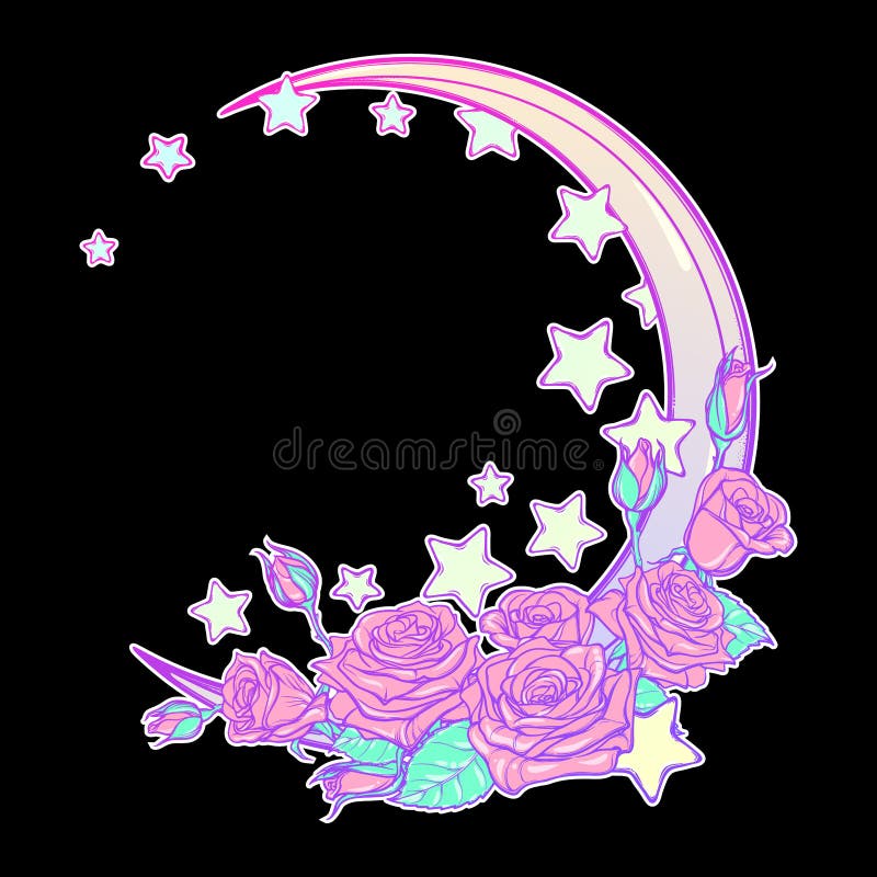 Pastel Goth Crescent with Stars and Roses Greeting Card Stock Vector -  Illustration of rose, night: 79040234