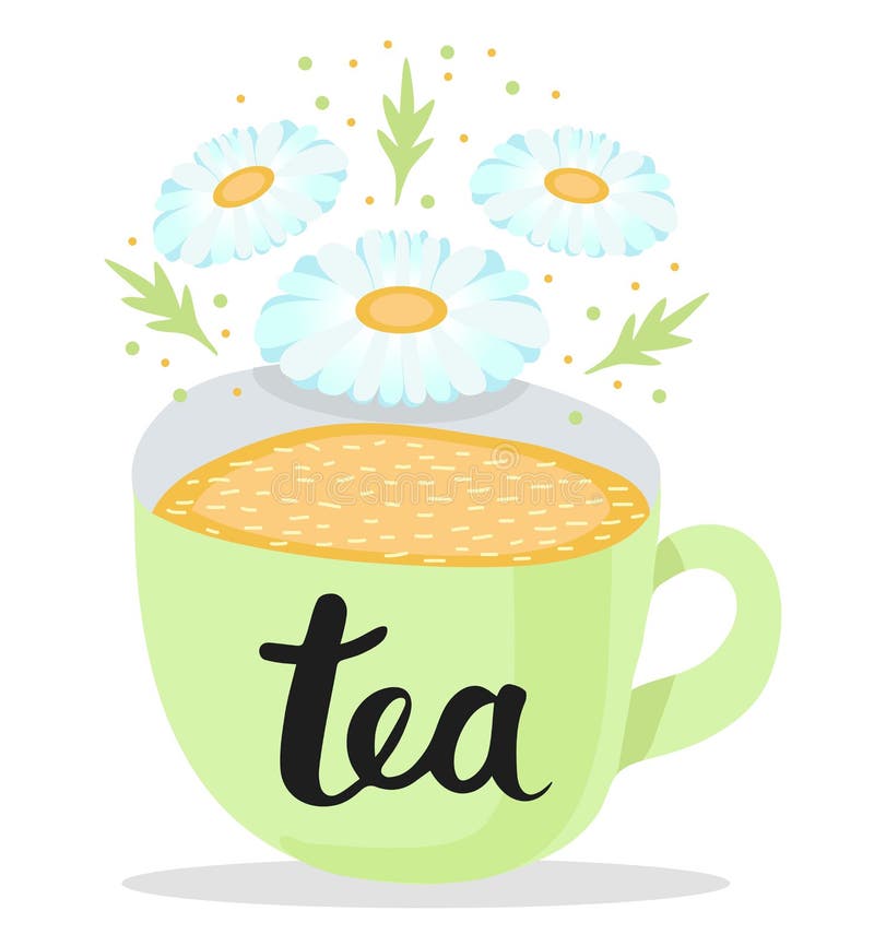 Pastel green cup of tea with a flower of a camomile and green leaves. Lettering tea on a mug. Vector illustration on white backgro