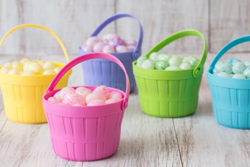 Pastel Jelly Beans in Colored Baskets for Easter Stock Image Image of