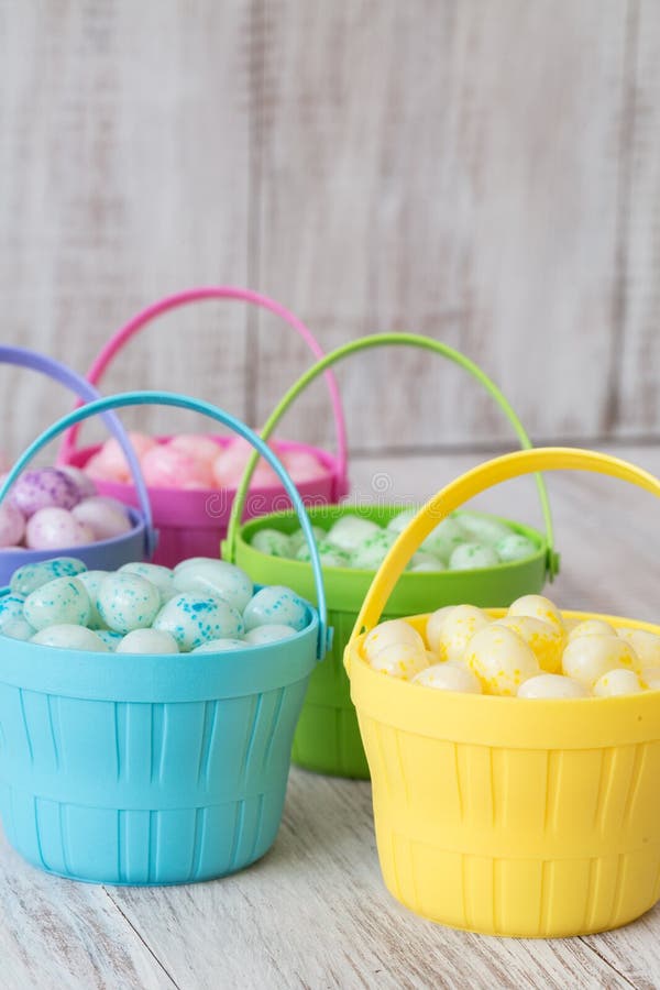 Pastel Jelly Beans in Colored Baskets for Easter Stock Image Image of