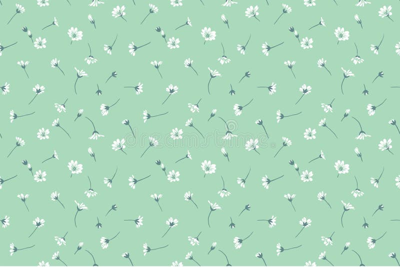 Pastel mint green seamless pattern with scattered randomly tiny flowers and small buds. Abstract artistic wild floral print. vector illustration