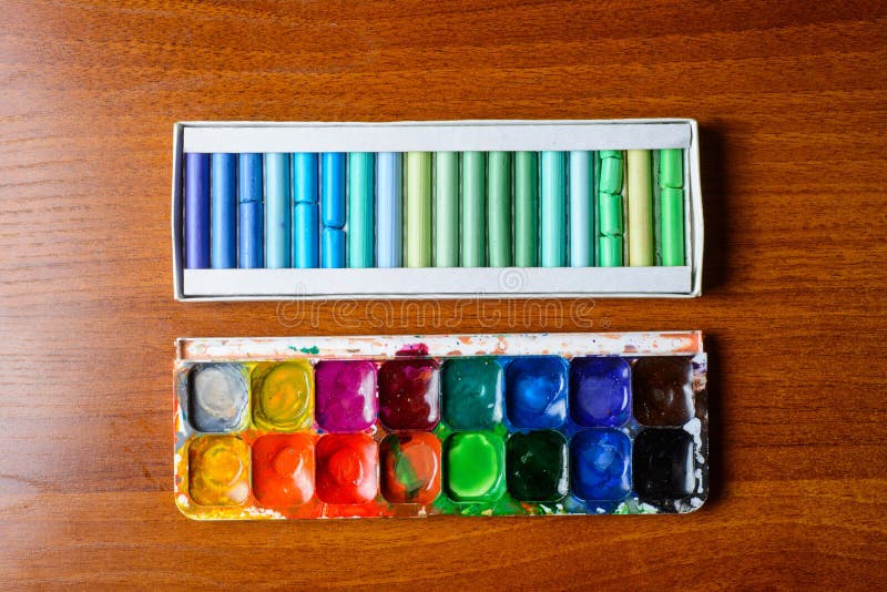Pastel Pencils and Watercolor Paintbox Stock Photo Image of