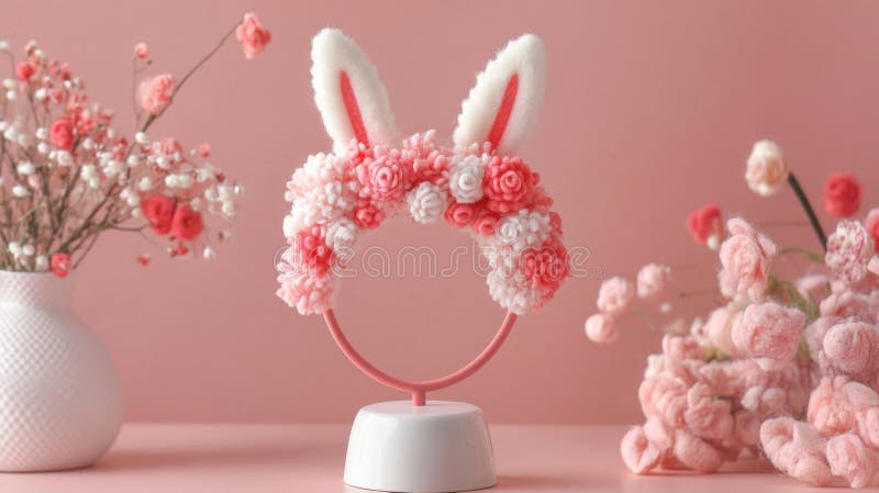 Pastel Pink Flower Crown z opaską Bunny Ears. Obraz generowany algorytmem AI