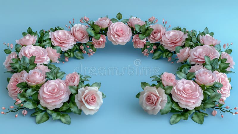 Pastel pink rose garland σε απαλό μπλε φόντο. κομψός κήπος παστέλ ροζ τριαντάφυλλα με πράσινα φύλλα σε απαλό μπλε φόντο