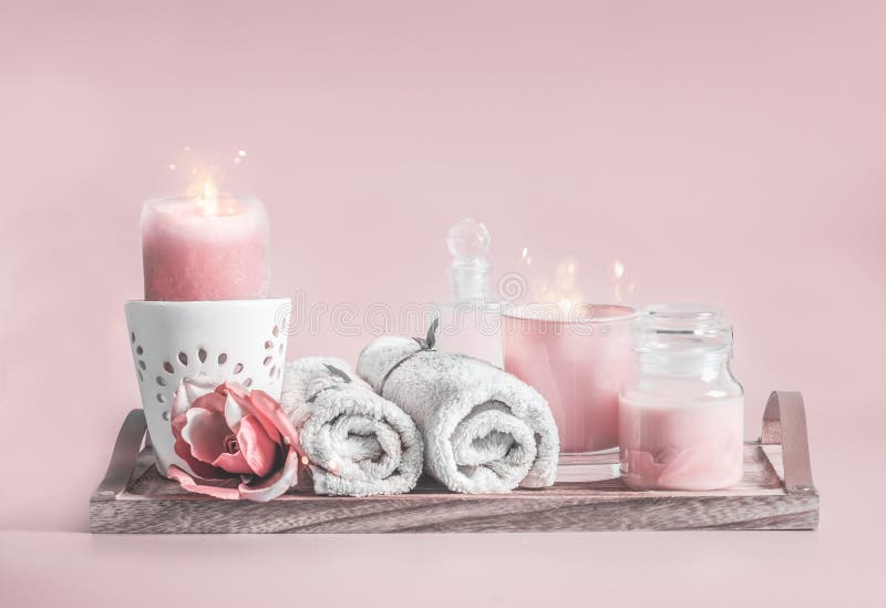 Pastel Pink Spa Setting with Candles,towels and Cosmetic Products. Beauty  and Skin Care Concept Stock Photo - Image of background, candles: 175586128