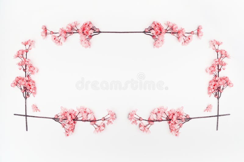 Pastel pink spring blossom flowers frame on white background, top view. Floral composing. Flat lay