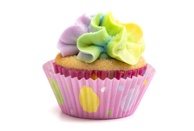 Pastel Rainbow Frosted Easter Cupcakes on a White Background Stock