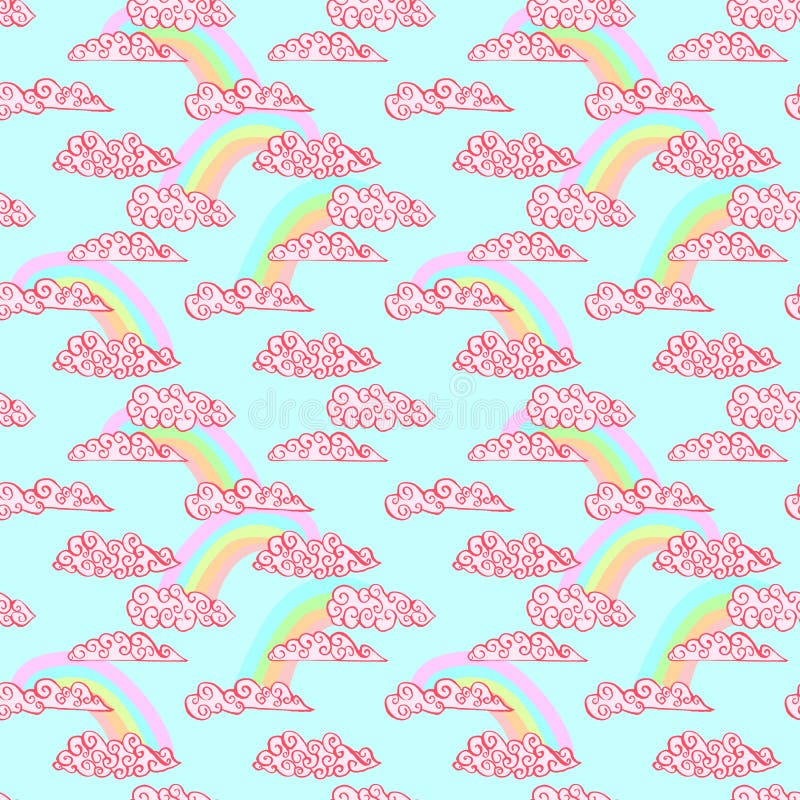 Pastel rainbow and pink grunge clouds. Seamless pattern. Vector illustration.