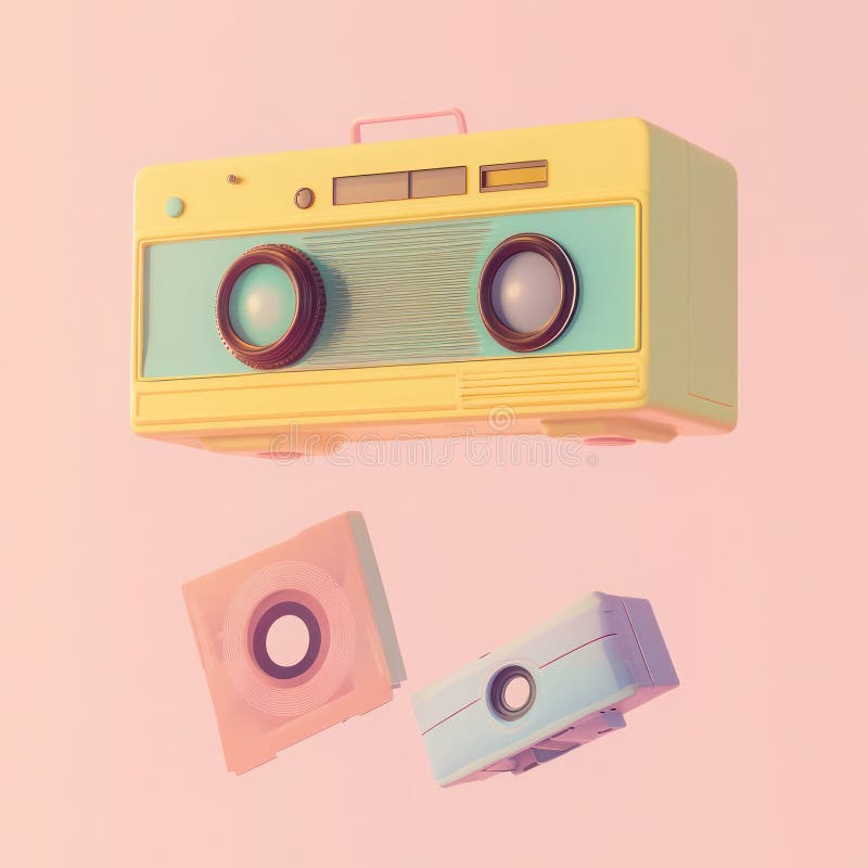Pastel retro radio and cassette tape, soft shadows, 80s vibe, floating composition vector illustration