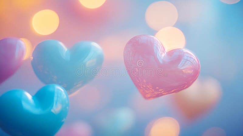 Pastel rose et bleu Coeurs flottants Bokeh Contexte illustration stock