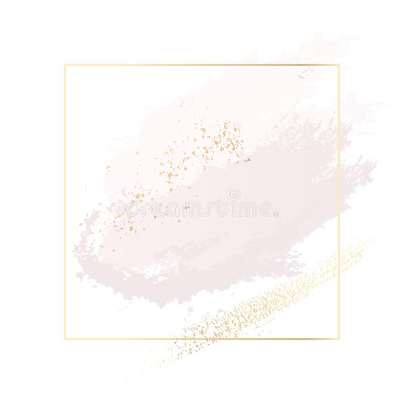 Pastel rose and pink brush strokes and gold lines in rectangle. Gold glitter foil texute contour frame. Antique vintage