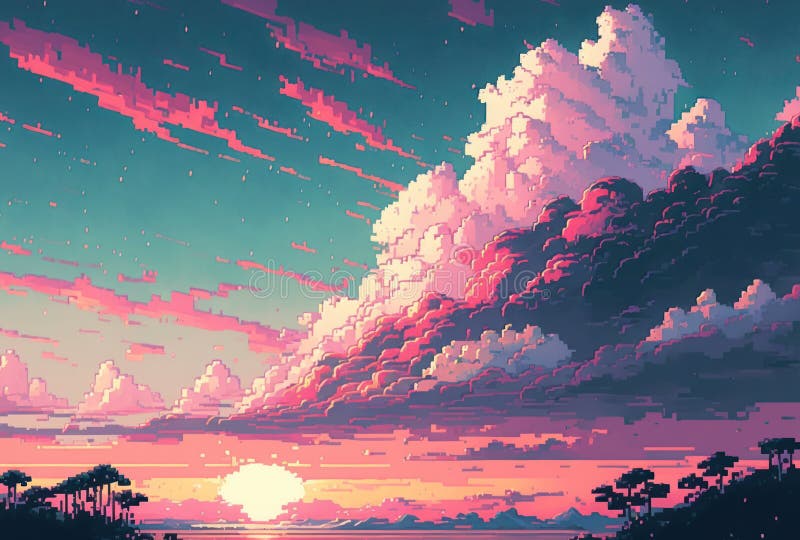 Pastel Sweet Blue Pink Sky Pixel Art Style. Background with Copy Space ...