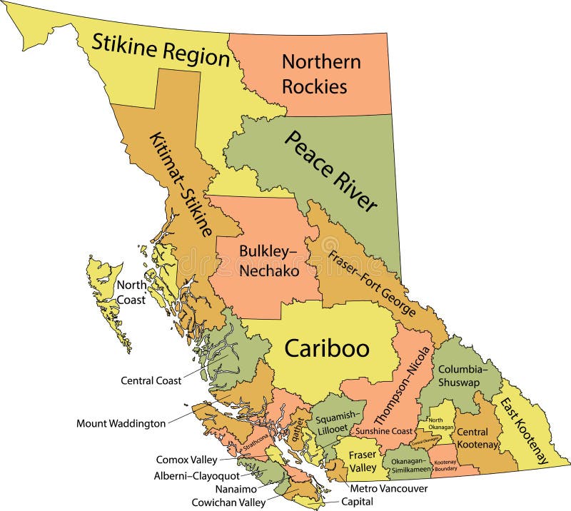 Pastel Tagged Administrative Map of BRITISH COLUMBIA, CANADA Stock ...