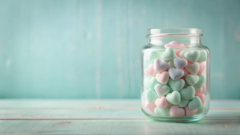 Pastella le caramelle a forma di cuore in un barattolo di vetro su una superficie di legno. Generative AI illustrazione vettoriale