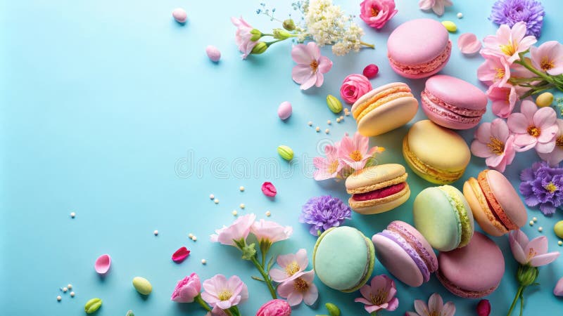 Pastella macaroni e fiori su uno sfondo blu chiaro un'deliziosa immagine di primavera. Generative AI illustrazione di stock