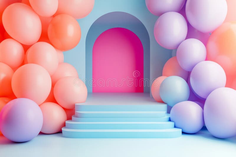 Pastellfarbene Ballons umgeben eine blaue Treppe, die zu einem lebhaften rosa Bogen führt, der ein wahres und traumhaftes Ambiente lizenzfreie stockfotografie