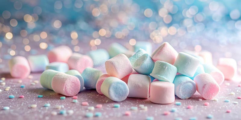 Pastelli di marshmallow e coriandoli su una superficie di immersione. Generative AI illustrazione di stock