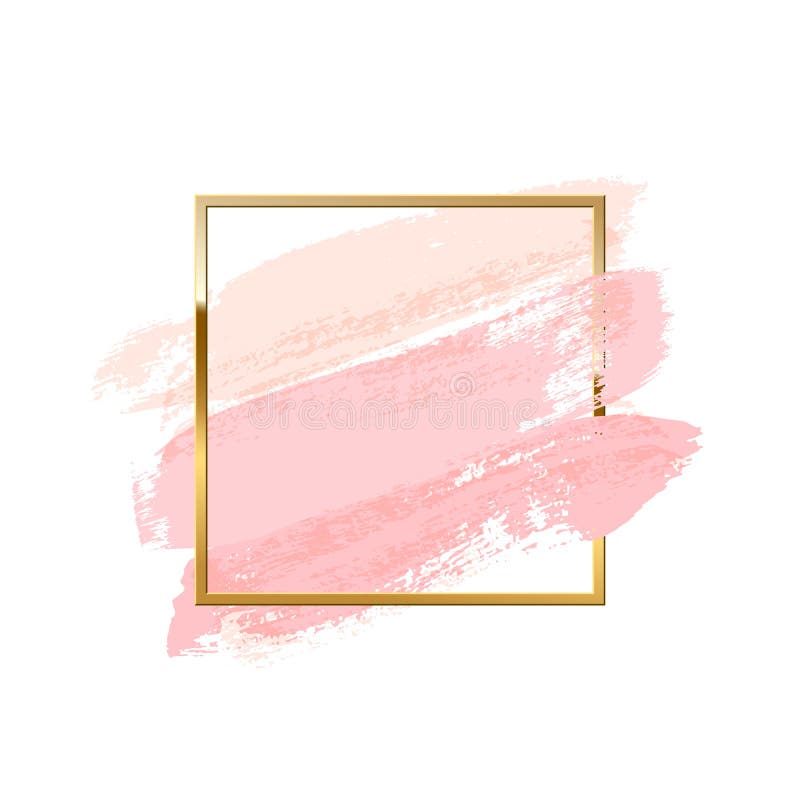 Pastellrosa-Bürstenanschläge mit dem quadratischen goldenen Rahmen lokalisiert auf weißem Hintergrund Einfach zu bearbeiten stock abbildung