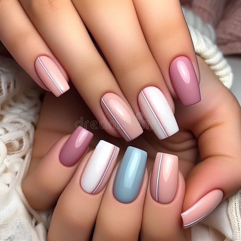 A palette of pastel hues with clean, precise lines. The soft pink and muted blue shades are perfectly balanced for a look that's both modern and understated. Ideal for seasonal beauty trends or as a fresh take on everyday nail art. A palette of pastel hues with clean, precise lines. The soft pink and muted blue shades are perfectly balanced for a look that's both modern and understated. Ideal for seasonal beauty trends or as a fresh take on everyday nail art.