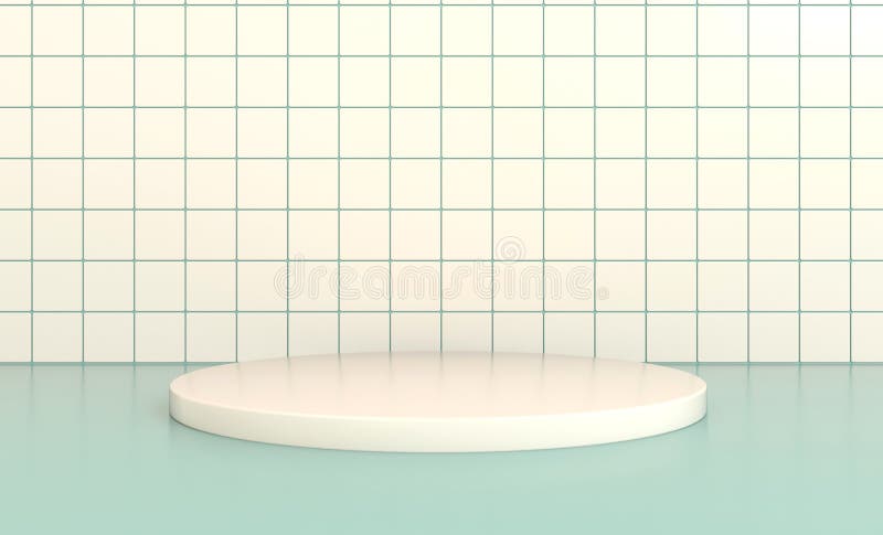 Pastel green and white tile wall and floor bathroom interior with round podium for product presentation. Empty space. 3d rendering mock up. Pastel green and white tile wall and floor bathroom interior with round podium for product presentation. Empty space. 3d rendering mock up