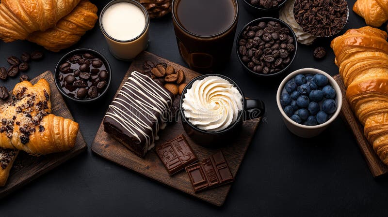 Pasticcini e torte deliziosi disposti su una superficie scura con latte di caffè e mirtilli freschi che creano comodi e invitano royalty illustrazione gratis