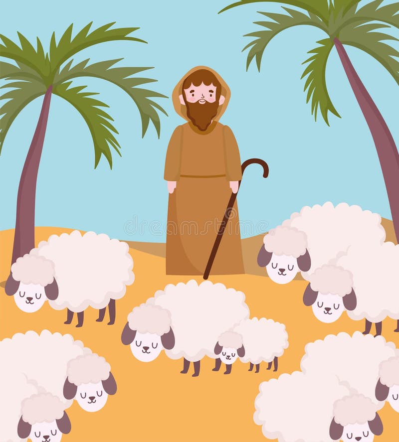  Pastor De Natividad Con Ovejas En Dibujos Animados Del Desierto Ilustración del Vector