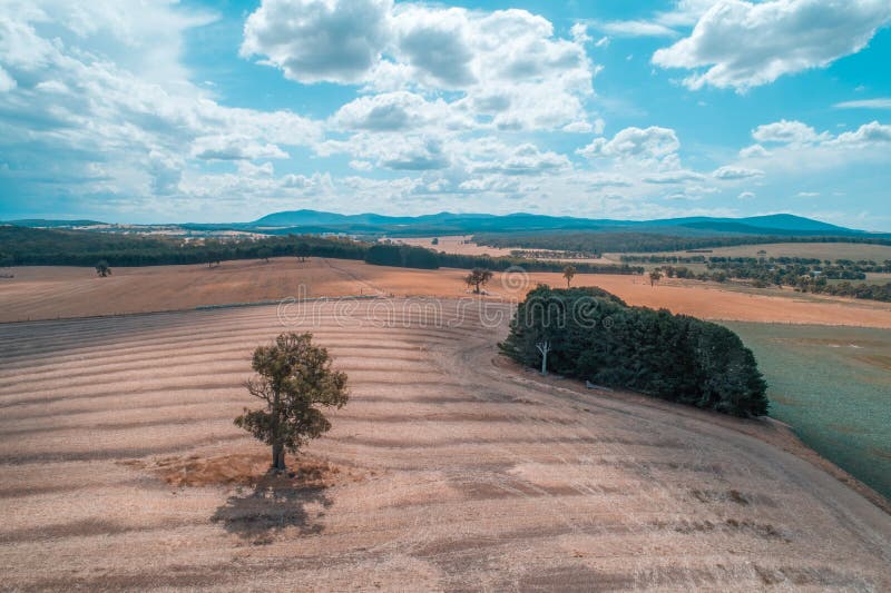 Pastoral aerial view of Australian countryside with fields and mountains.