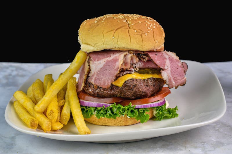 Pastrami Cheese Burger Served with a Side of Fries Stock Image Image