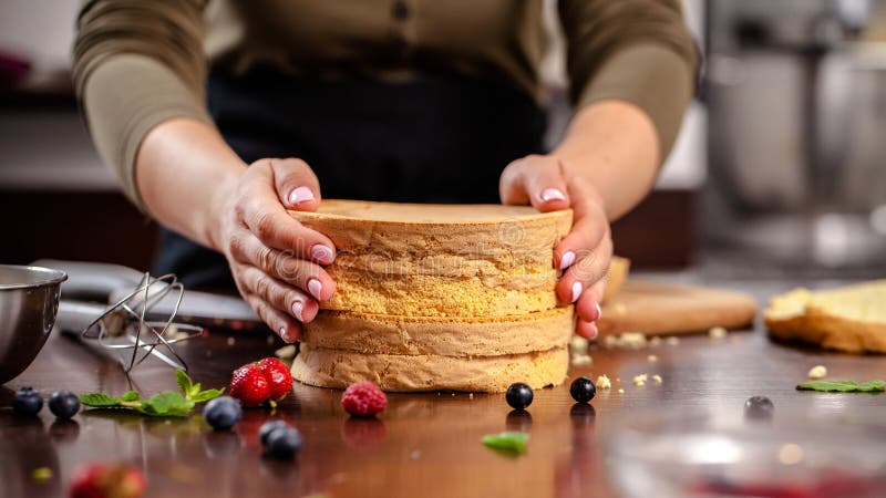 The pastry chef prepares a biscuit cake in home kitchen or in a restaurant. The concept of the process of making cakeÑ‹ royalty free stock photography