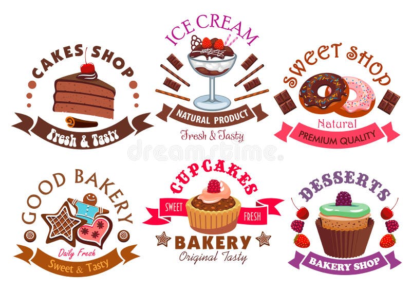 Pastry shop and cafe sign set with cake, cupcake, donut, ice cream dessert, muffin and gingerbread, decorated by chocolate, cream, fruit, glaze and ribbon banners with stars. Pastry shop and cafe sign set with cake, cupcake, donut, ice cream dessert, muffin and gingerbread, decorated by chocolate, cream, fruit, glaze and ribbon banners with stars