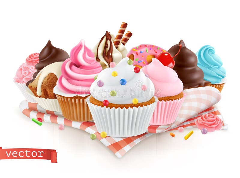 Pastry shop, confectionery. Sweet dessert. Cake, cupcake. 3d realistic vector