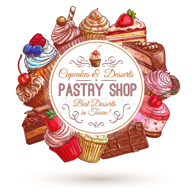 Pastry shop emblem. Patisserie sweets banner. Vector icons of cupcakes, cakes, confectionery, dessert, muffin, biscuit for signboard, tag sticker label. Pastry shop emblem. Patisserie sweets banner. Vector icons of cupcakes, cakes, confectionery, dessert, muffin, biscuit for signboard, tag sticker label