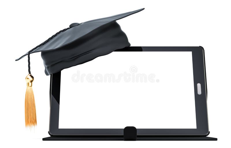 Tablet computer with graduation cap. Online education concept, 3D rendering isolated on white background. Tablet computer with graduation cap. Online education concept, 3D rendering isolated on white background