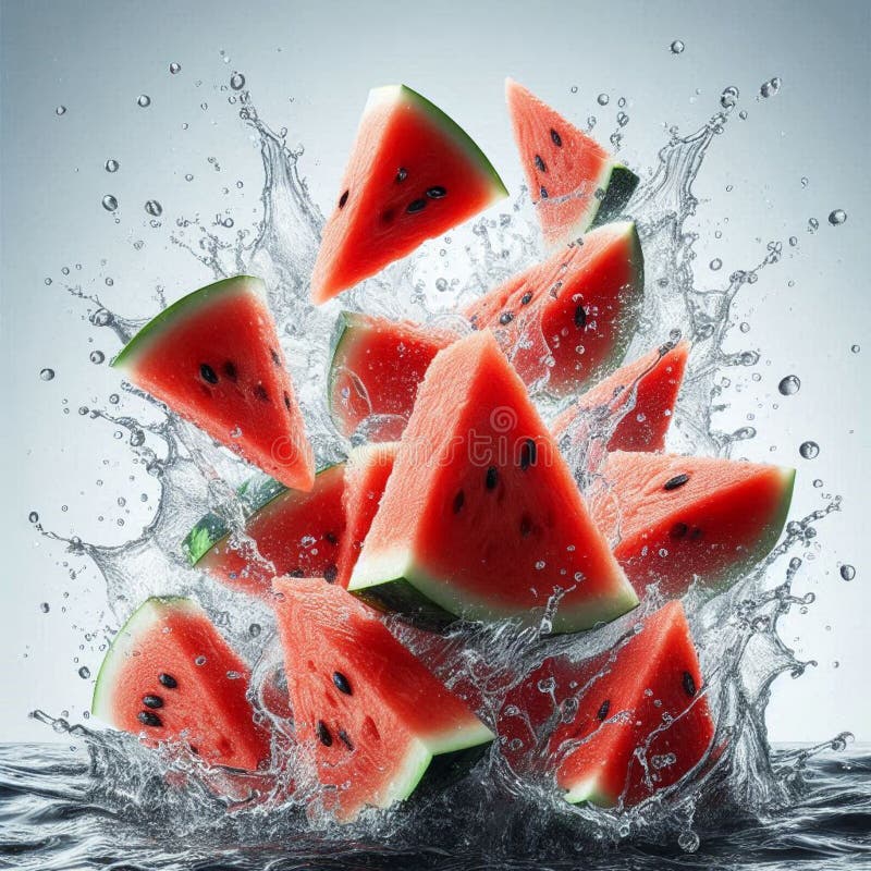 Watermelon slices splash in water on a white background. Watermelon slices splash in water on a white background.