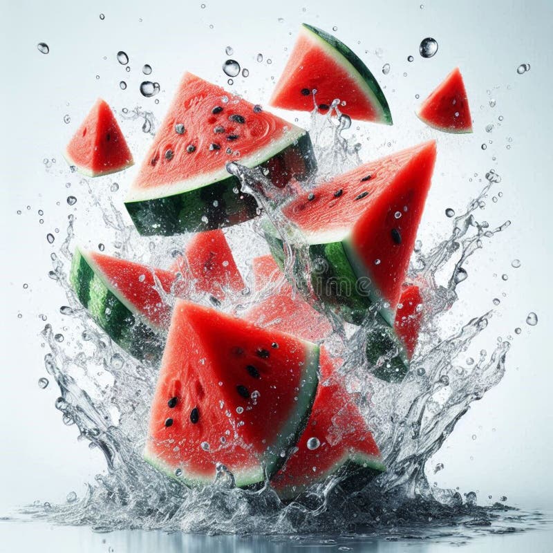 Watermelon slices splash in water on a white background. Watermelon slices splash in water on a white background